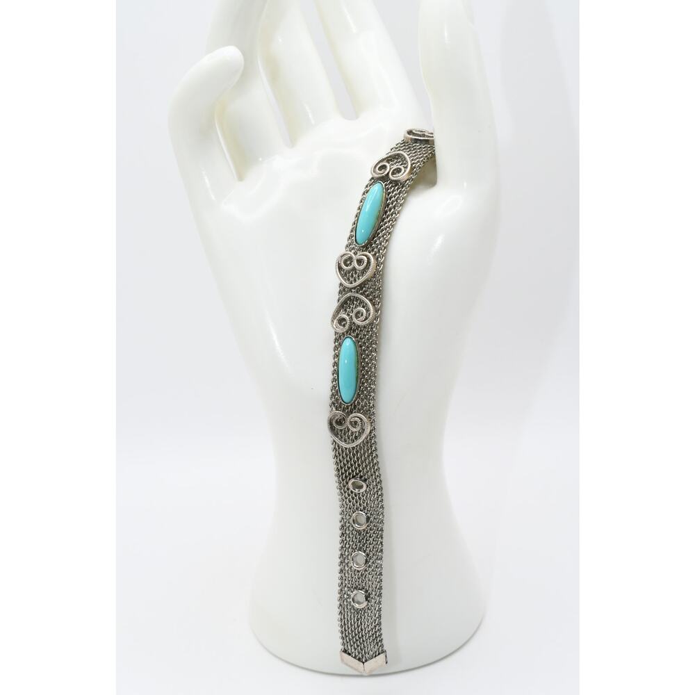 Vintage Silver Tone Mesh Bracelet Turquoise Cabochons Heart Design Adjustable